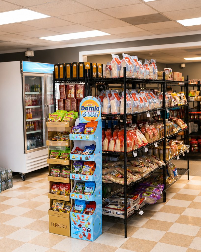 Aisles of Turkish snacks, candy, and beverages inside Besler Market